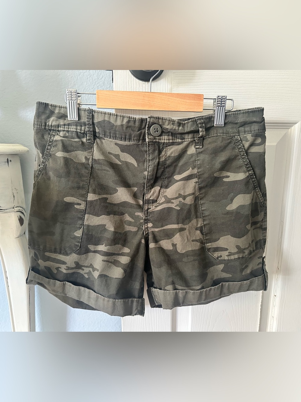 Social Standard by Sanctuary Camo Cargo Shorts in Olive and Dark Green